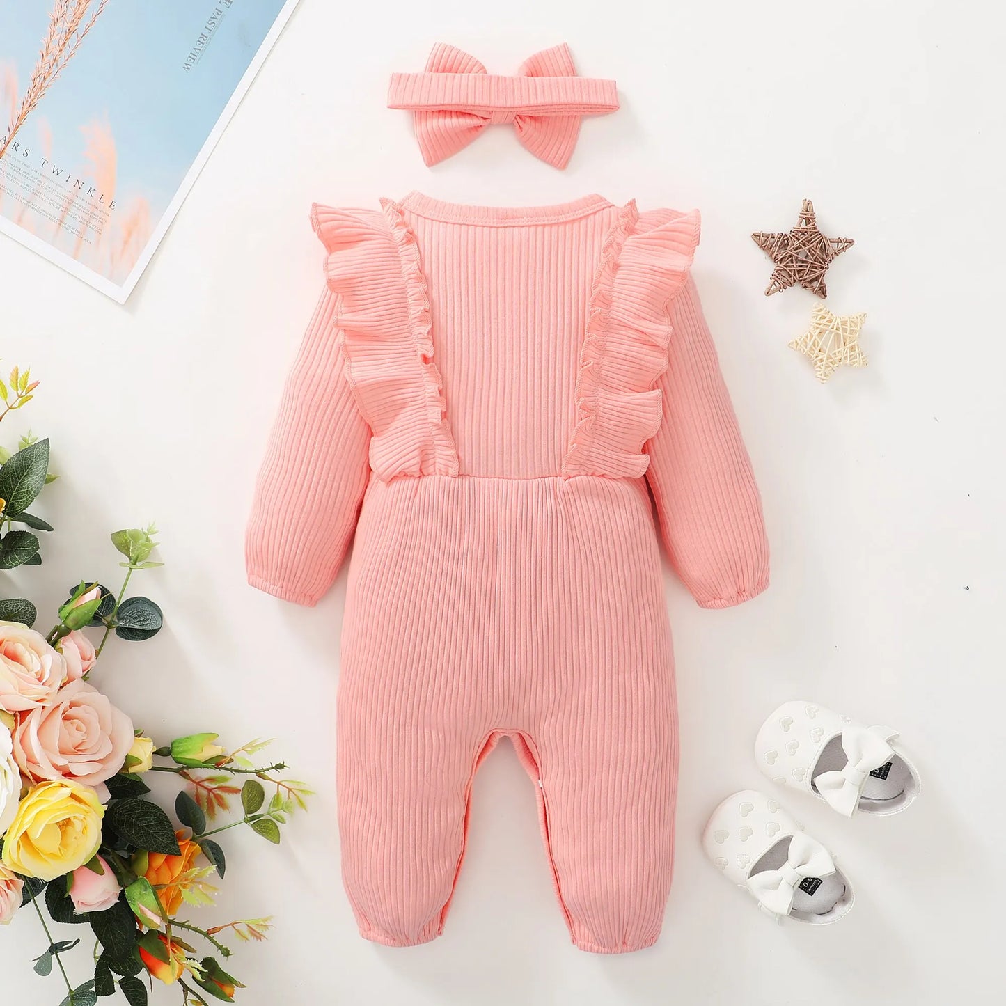 Newborn Baby Girl Romper - Long-Sleeved Ruffle Bodysuit with Headband, Cotton Blend for 0-12 Months