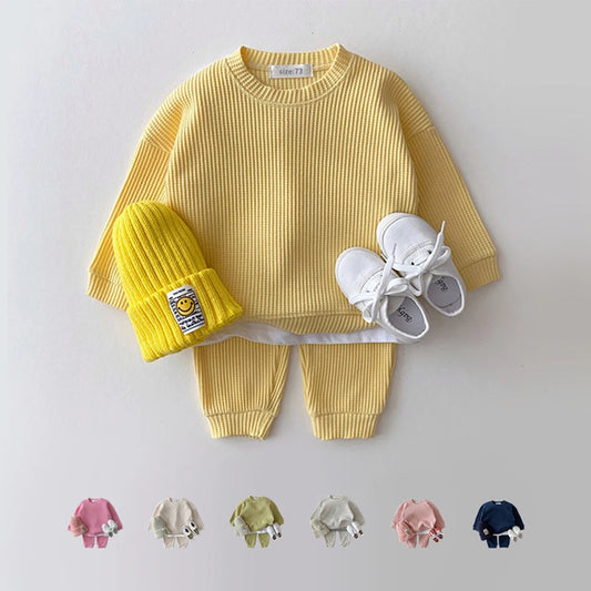 Stylish Waffle Cotton Two-Piece Outfit for Baby Boys - Sweatshirt & Pants Set (0-6Y)