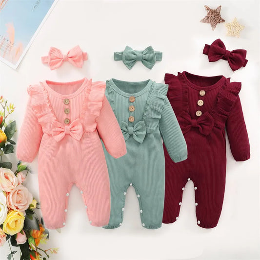 Newborn Baby Girl Romper - Long-Sleeved Ruffle Bodysuit with Headband, Cotton Blend for 0-12 Months