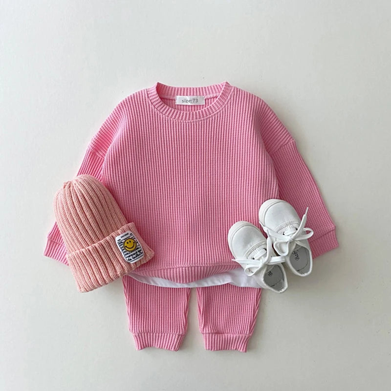 Stylish Waffle Cotton Two-Piece Outfit for Baby Boys - Sweatshirt & Pants Set (0-6Y)