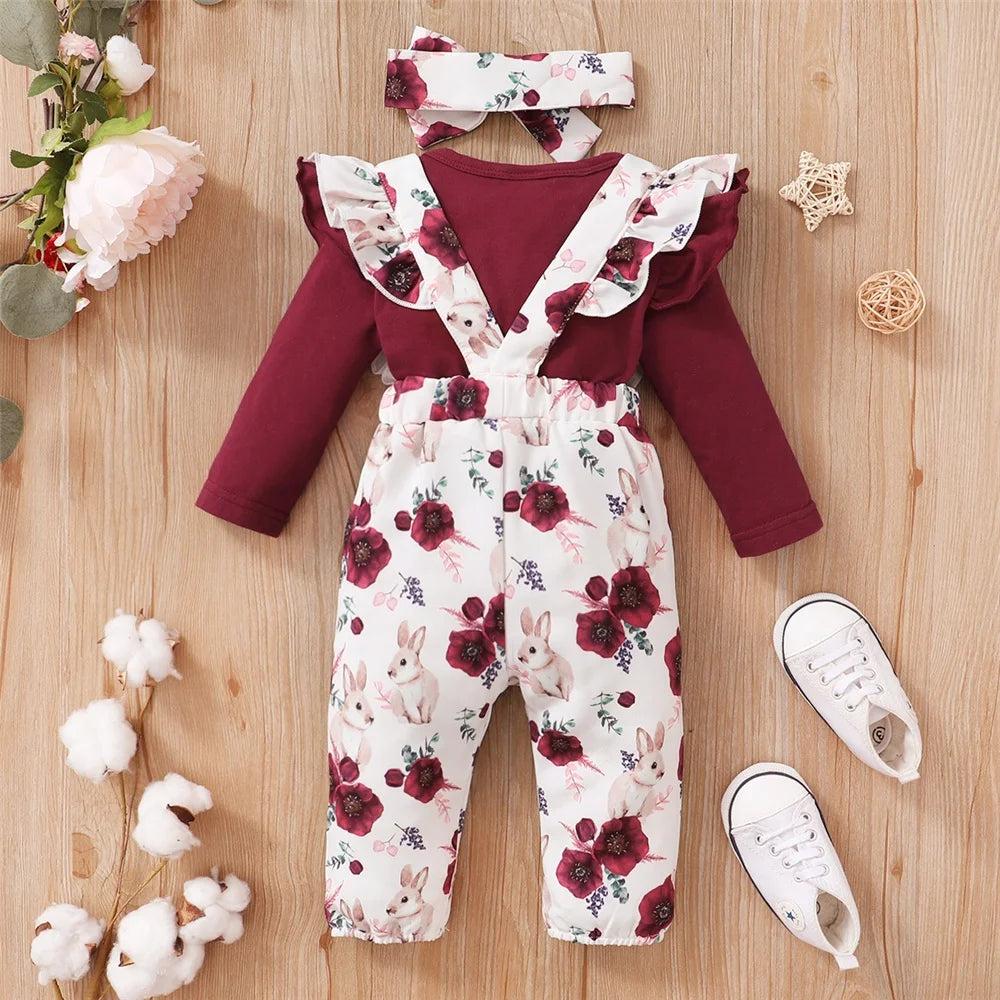 Adorable Red Long Sleeve Bodysuit & Floral Strap Pants Set for Baby Girls - 0-18 Months