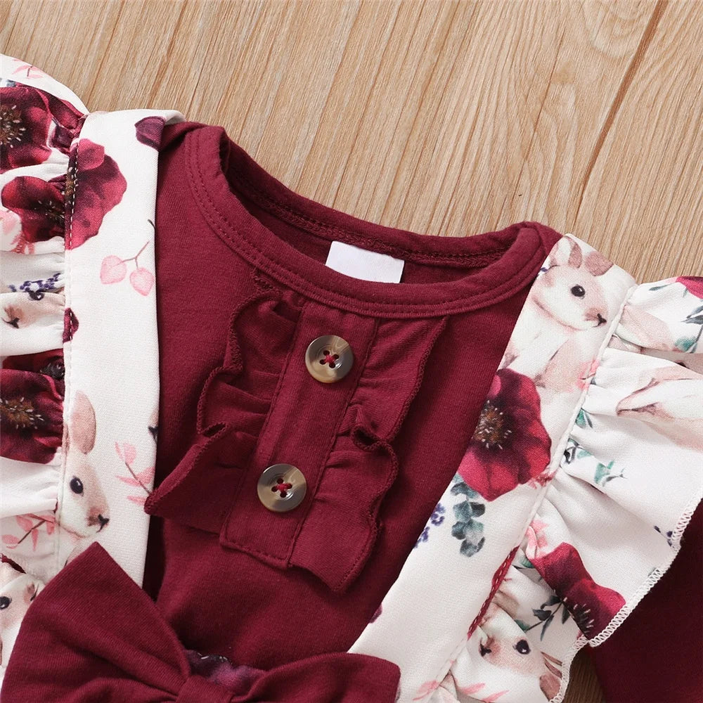 Adorable Red Long Sleeve Bodysuit & Floral Strap Pants Set for Baby Girls - 0-18 Months