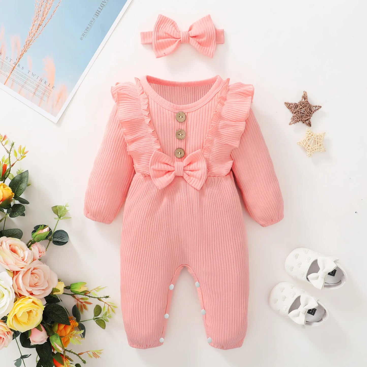 Newborn Baby Girl Romper - Long-Sleeved Ruffle Bodysuit with Headband, Cotton Blend for 0-12 Months