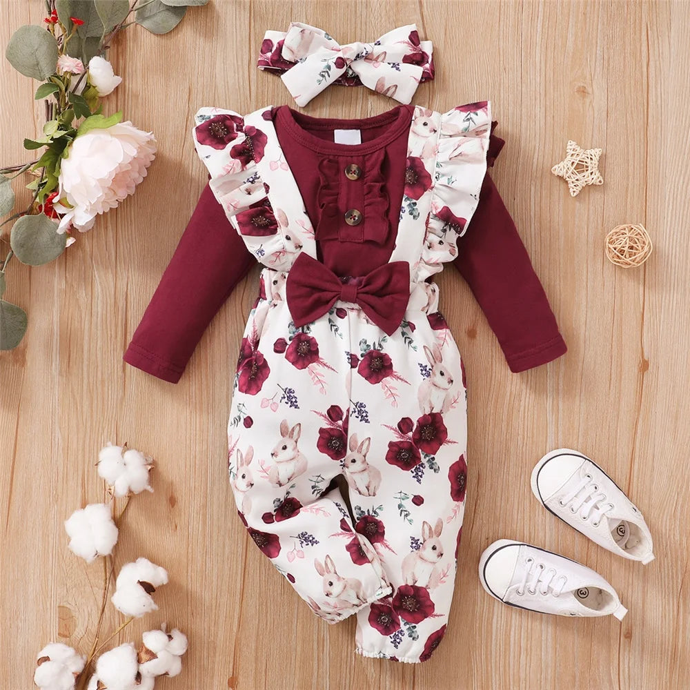 Adorable Red Long Sleeve Bodysuit & Floral Strap Pants Set for Baby Girls - 0-18 Months